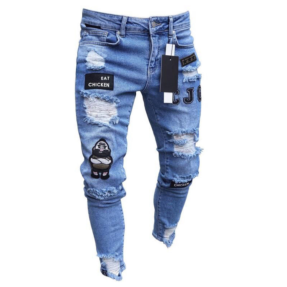 3 Styles Men Stretchy Ripped Skinny Biker Embroidery Print Jeans
