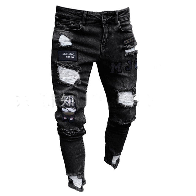 3 Styles Men Stretchy Ripped Skinny Biker Embroidery Print Jeans