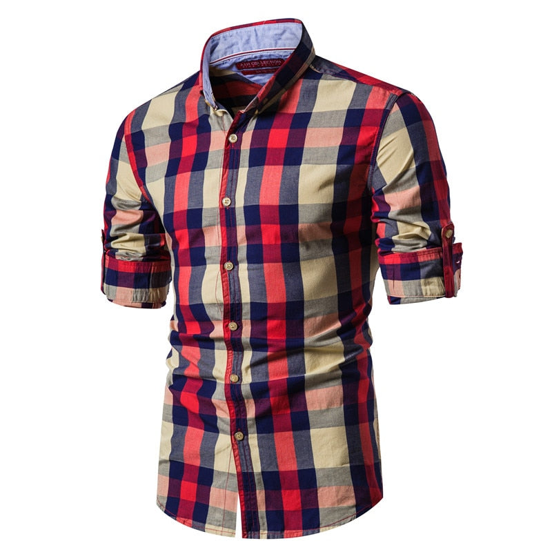 2020 New Spring Fashion 100% Cotton Plaid Shirt Men