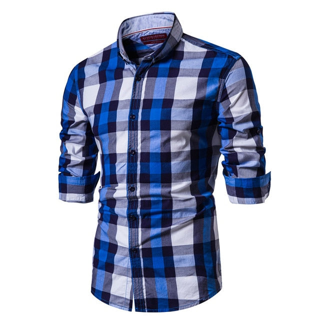 2020 New Spring Fashion 100% Cotton Plaid Shirt Men