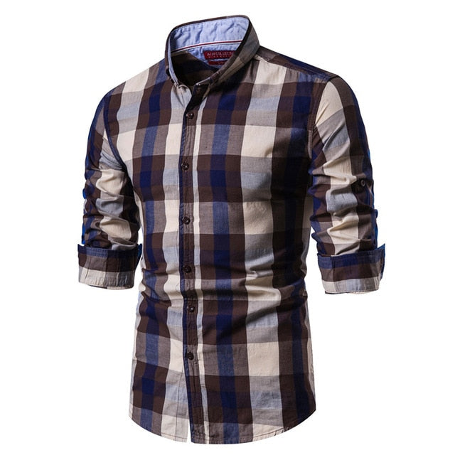2020 New Spring Fashion 100% Cotton Plaid Shirt Men
